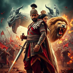 A striking cinematic action fantasy film poster featuring a powerful 30-year-old Indian warrior king standing resolutely, gripping his sword firmly, dressed in intricately crafted warrior attire