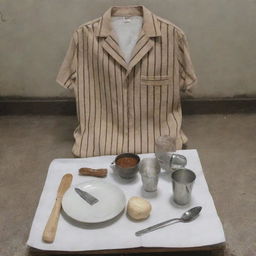 A representation of a Sri Lankan prisoner's uniform, featuring stripes, composed of coarse fabric, accompanied by essential prison items such as a metal plate and cup for meals.