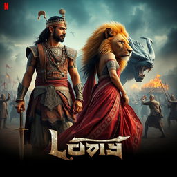 A cinematic action fantasy film poster showcasing a 30-year-old Indian warrior king standing firmly, gripping a sword in his hand, dressed in intricate warrior attire with ornate patterns and embellishments