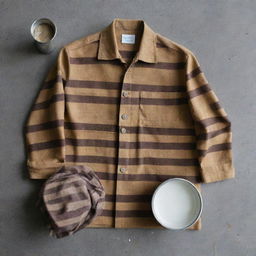 A representation of a Sri Lankan prisoner's uniform, featuring stripes, composed of coarse fabric, accompanied by essential prison items such as a metal plate and cup for meals.