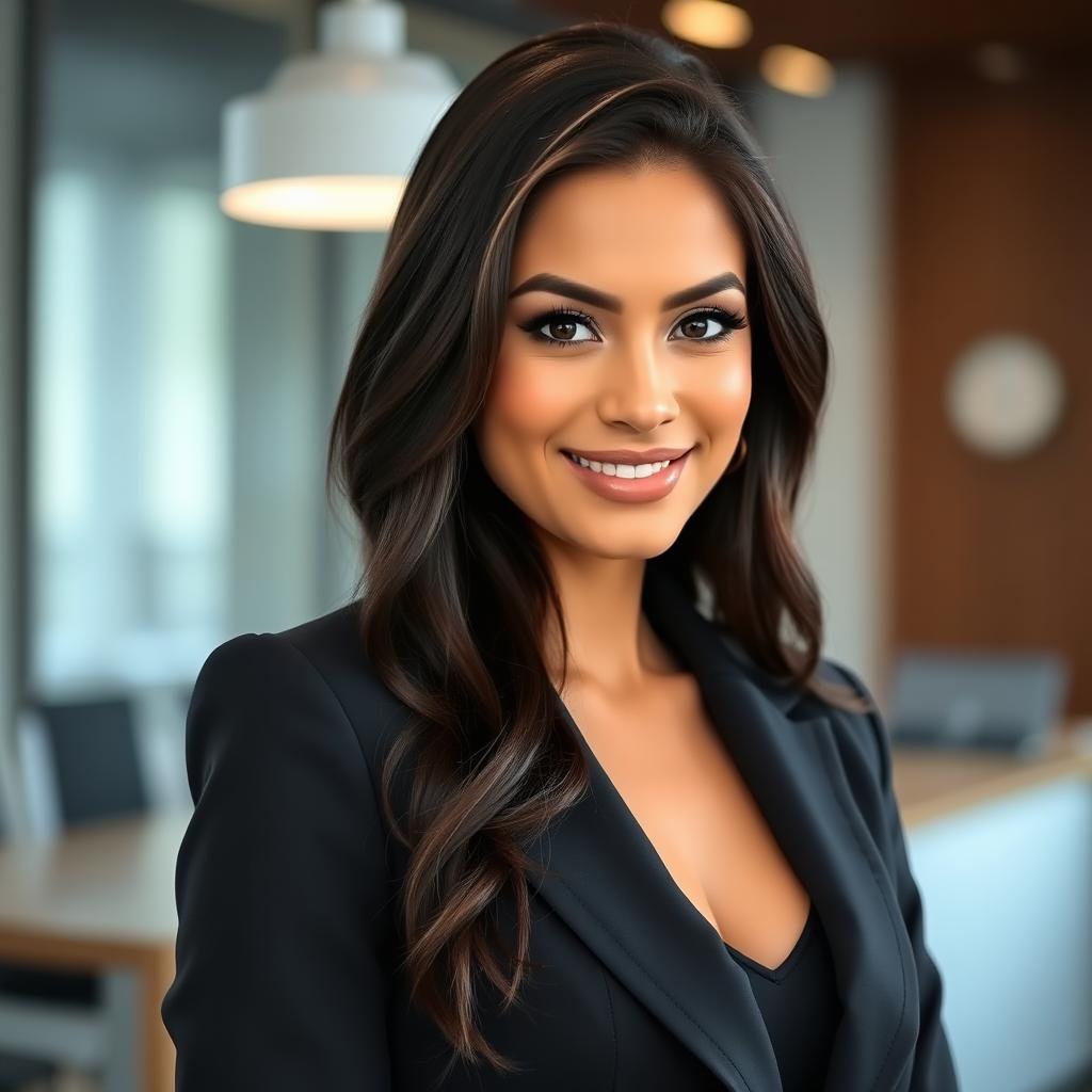 A beautiful woman with long, dark hair, elegantly dressed in a sleek black blazer