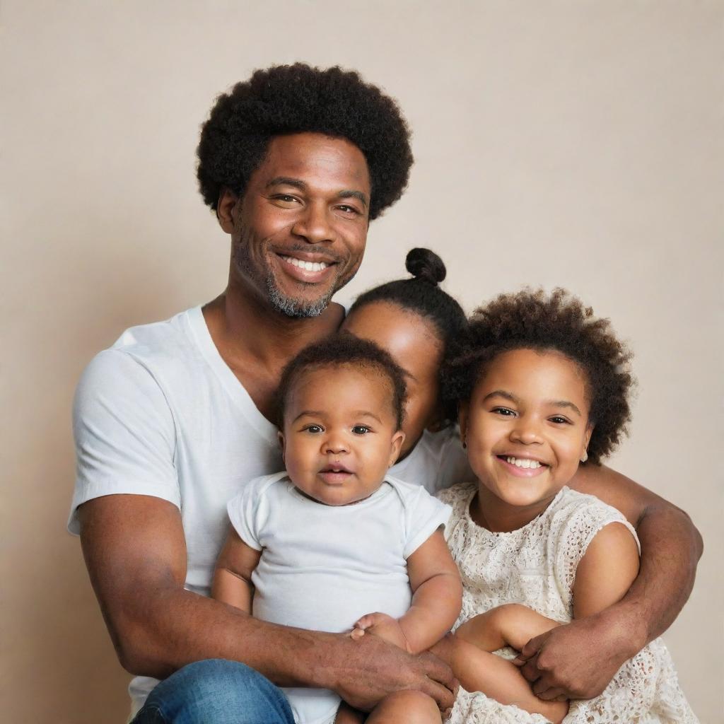 Generate an image of a diverse family unit, including a father of white ethnicity, a mother of black ethnicity, and their baby who's a charming blend of both.