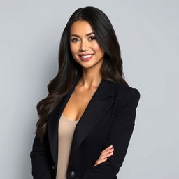 A realistic photo of a beautiful woman with long dark hair, wearing a stylish black blazer