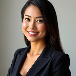 A realistic photo of a beautiful woman with long dark hair, wearing a stylish black blazer