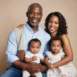 Generate an image of a diverse family unit, including a father of white ethnicity, a mother of black ethnicity, and their baby who's a charming blend of both.