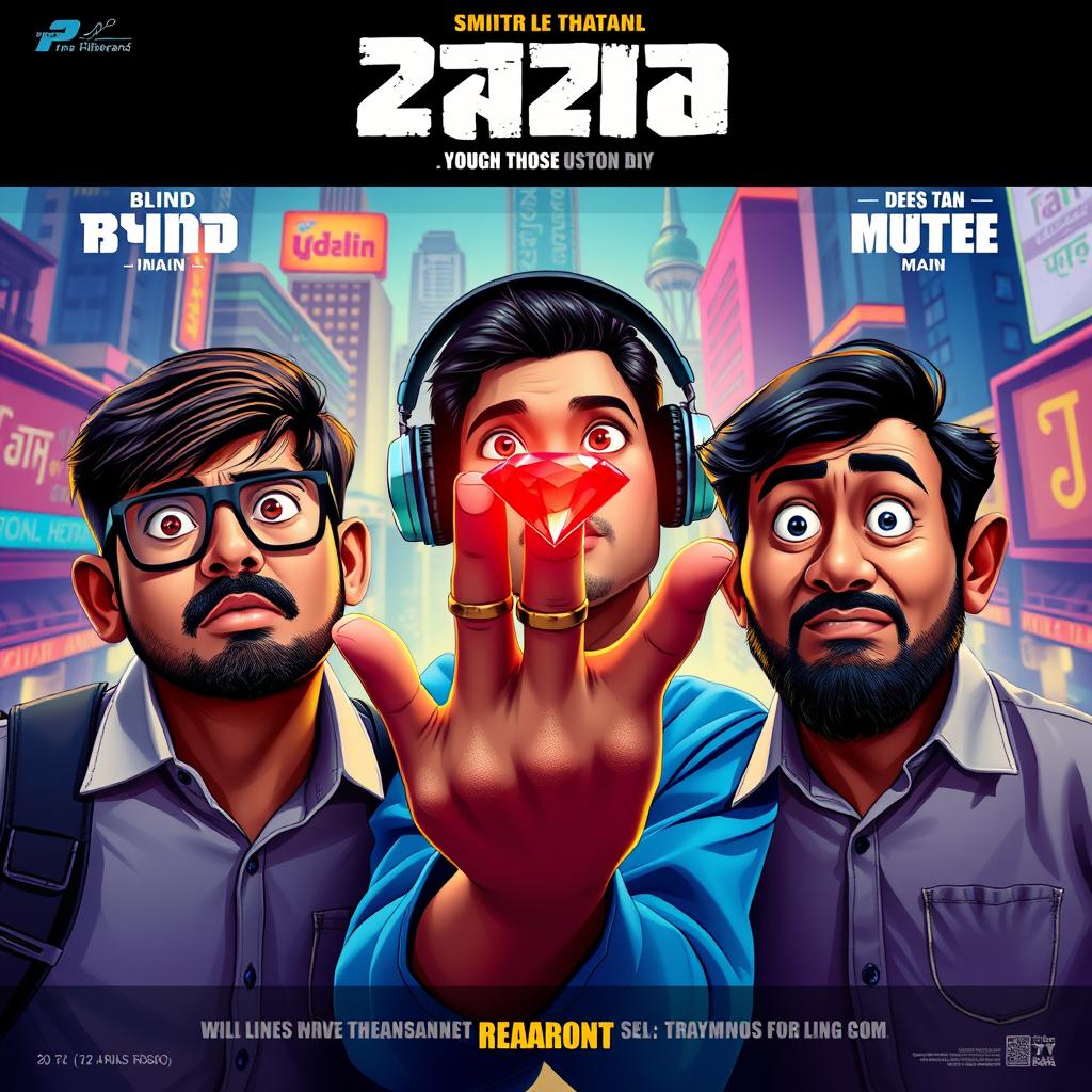 A stylish and humorous cinematic film poster featuring three 27-year-old Indian men: one blind man with dark glasses, one deaf man with oversized headphones, and one mute man with a quirky expression