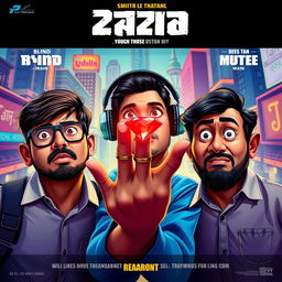 A stylish and humorous cinematic film poster featuring three 27-year-old Indian men: one blind man with dark glasses, one deaf man with oversized headphones, and one mute man with a quirky expression