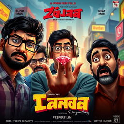 A stylish and humorous cinematic film poster featuring three 27-year-old Indian men: one blind man with dark glasses, one deaf man with oversized headphones, and one mute man with a quirky expression