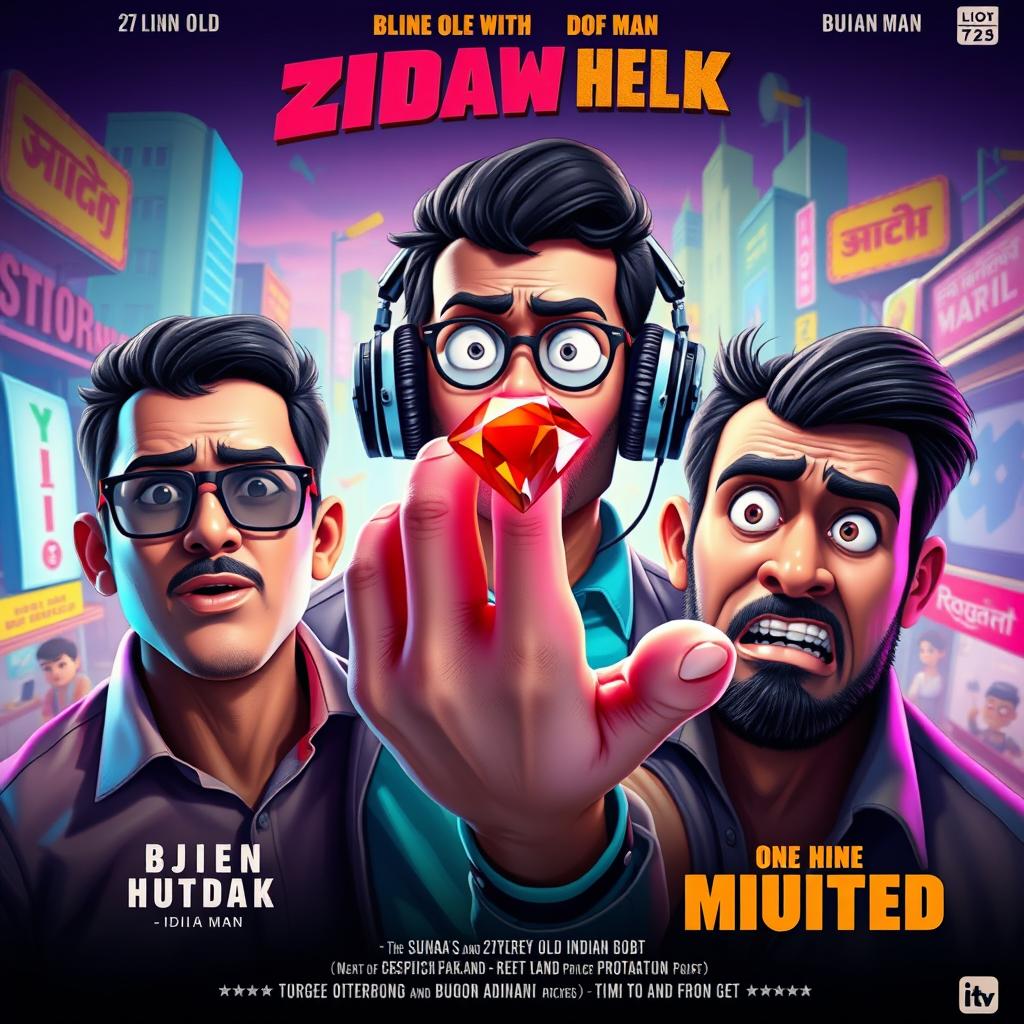 A stylish and humorous cinematic film poster featuring three 27-year-old Indian men: one blind man with dark glasses, one deaf man with oversized headphones, and one mute man with a quirky expression