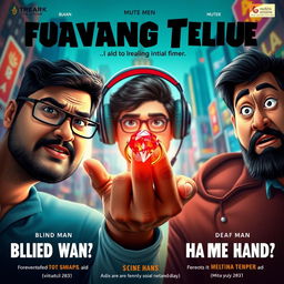 A stylish and humorous cinematic film poster featuring three 27-year-old Indian men: one blind man with dark glasses, one deaf man with oversized headphones, and one mute man with a quirky expression