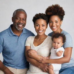 Generate an image of a diverse family unit, including a father of white ethnicity, a mother of black ethnicity, and their baby who's a charming blend of both.