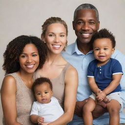 Generate an image of a diverse family unit, including a father of white ethnicity, a mother of black ethnicity, and their baby who's a charming blend of both.