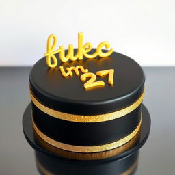 A stunning bento-style cake with a sleek black surface, elegantly adorned with a shimmering gold band circling the cake