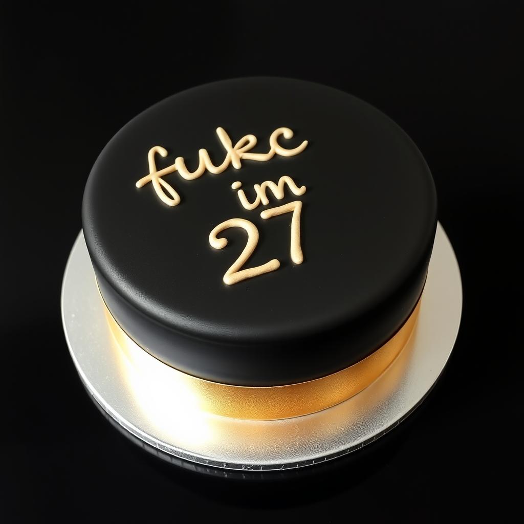 A stunning bento-style cake with a sleek black surface, elegantly adorned with a shimmering gold band circling the cake