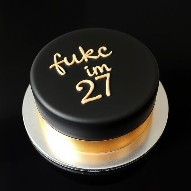 A stunning bento-style cake with a sleek black surface, elegantly adorned with a shimmering gold band circling the cake