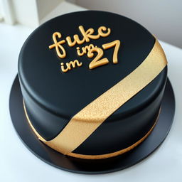 A stunning bento-style cake with a sleek black surface, elegantly adorned with a shimmering gold band circling the cake