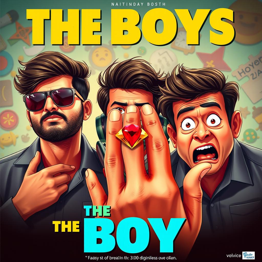 A cinematic film poster titled 'The Boys' featuring three Indian men, all 27 years old