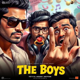 A cinematic film poster titled 'The Boys' featuring three Indian men, all 27 years old
