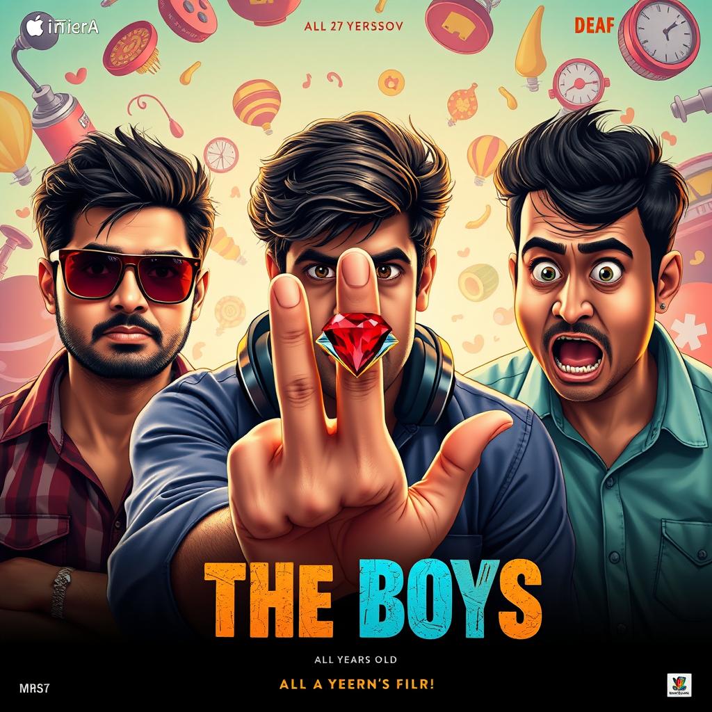 A cinematic film poster titled 'The Boys' featuring three Indian men, all 27 years old