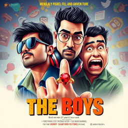 A cinematic film poster titled 'The Boys' featuring three Indian men, all 27 years old