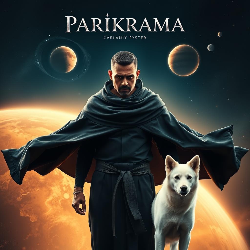 A cinematic film poster titled 'Parikrama' showcasing a 30-year-old Indian man with dark magical powers