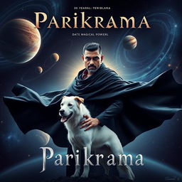 A cinematic film poster titled 'Parikrama' showcasing a 30-year-old Indian man with dark magical powers