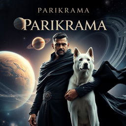 A cinematic film poster titled 'Parikrama' showcasing a 30-year-old Indian man with dark magical powers