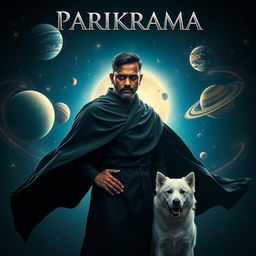 A cinematic film poster titled 'Parikrama' showcasing a 30-year-old Indian man with dark magical powers