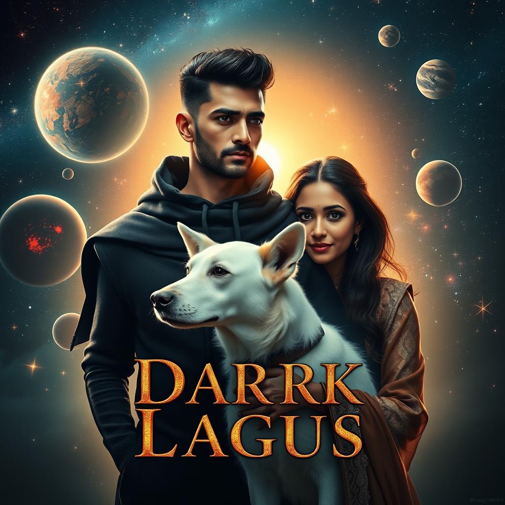 A captivating cinematic film poster featuring a 30-year-old Indian man with dark magical powers, showcasing his trimmed hair and wearing a dramatic black shrug