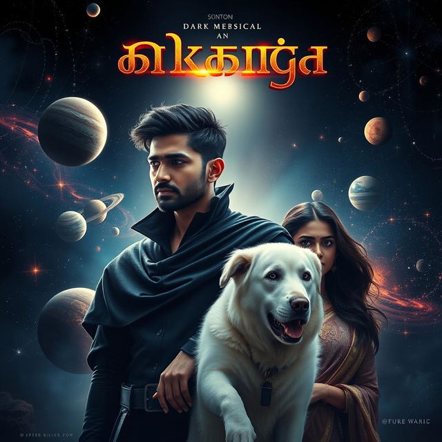 A captivating cinematic film poster featuring a 30-year-old Indian man with dark magical powers, showcasing his trimmed hair and wearing a dramatic black shrug