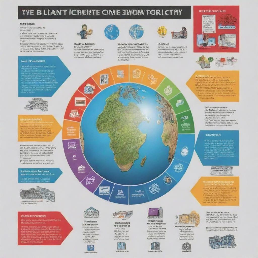 Design an informative poster showcasing how technology impacts different aspects of society, featuring visuals of the community, the workforce, government sectors, educational institutions, and individual learners. The poster should also depict a global perspective on the influence of technology.