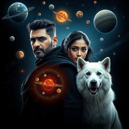 A cinematic film poster featuring a 30-year-old Indian man with trimmed hair, wearing a black shrug, exuding an aura of magical powers