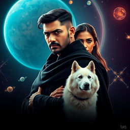 A cinematic film poster featuring a 30-year-old Indian man with trimmed hair, wearing a black shrug, exuding an aura of magical powers