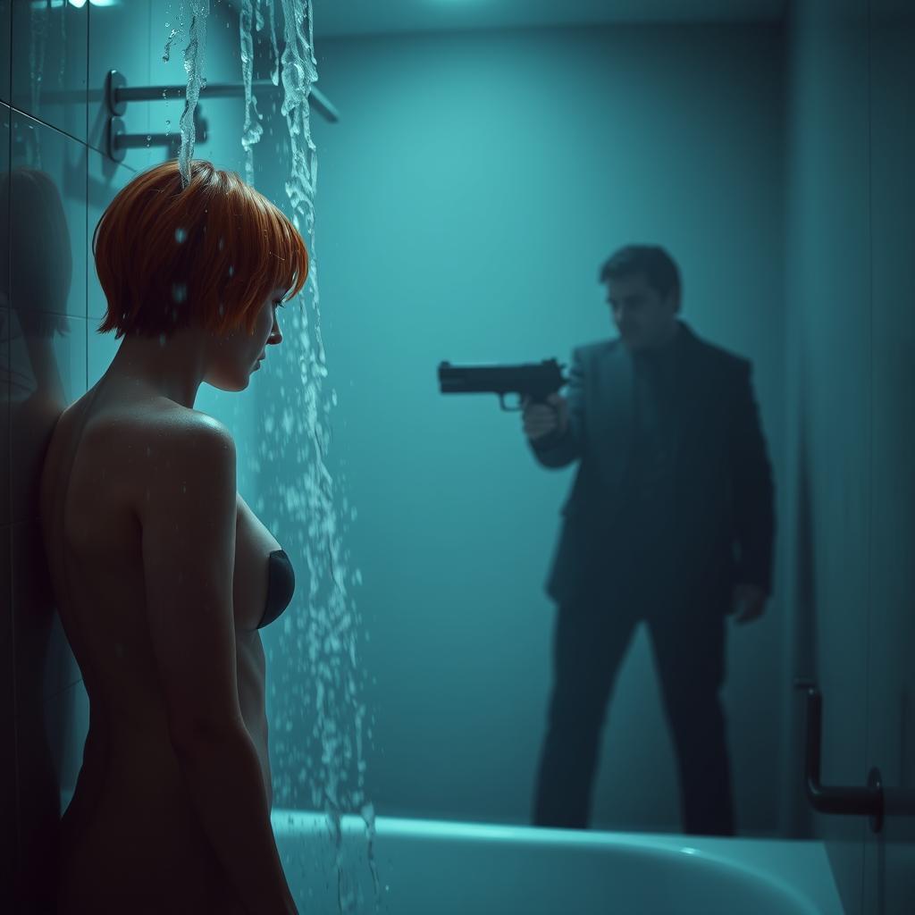 A dramatic scene in a modern bathroom where a woman with short orange hair is taking a shower, the water cascading around her in a surreal, cinematic moment