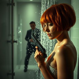 A dramatic scene in a modern bathroom where a woman with short orange hair is taking a shower, the water cascading around her in a surreal, cinematic moment