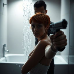 A dramatic scene in a modern bathroom where a woman with short orange hair is taking a shower, the water cascading around her in a surreal, cinematic moment