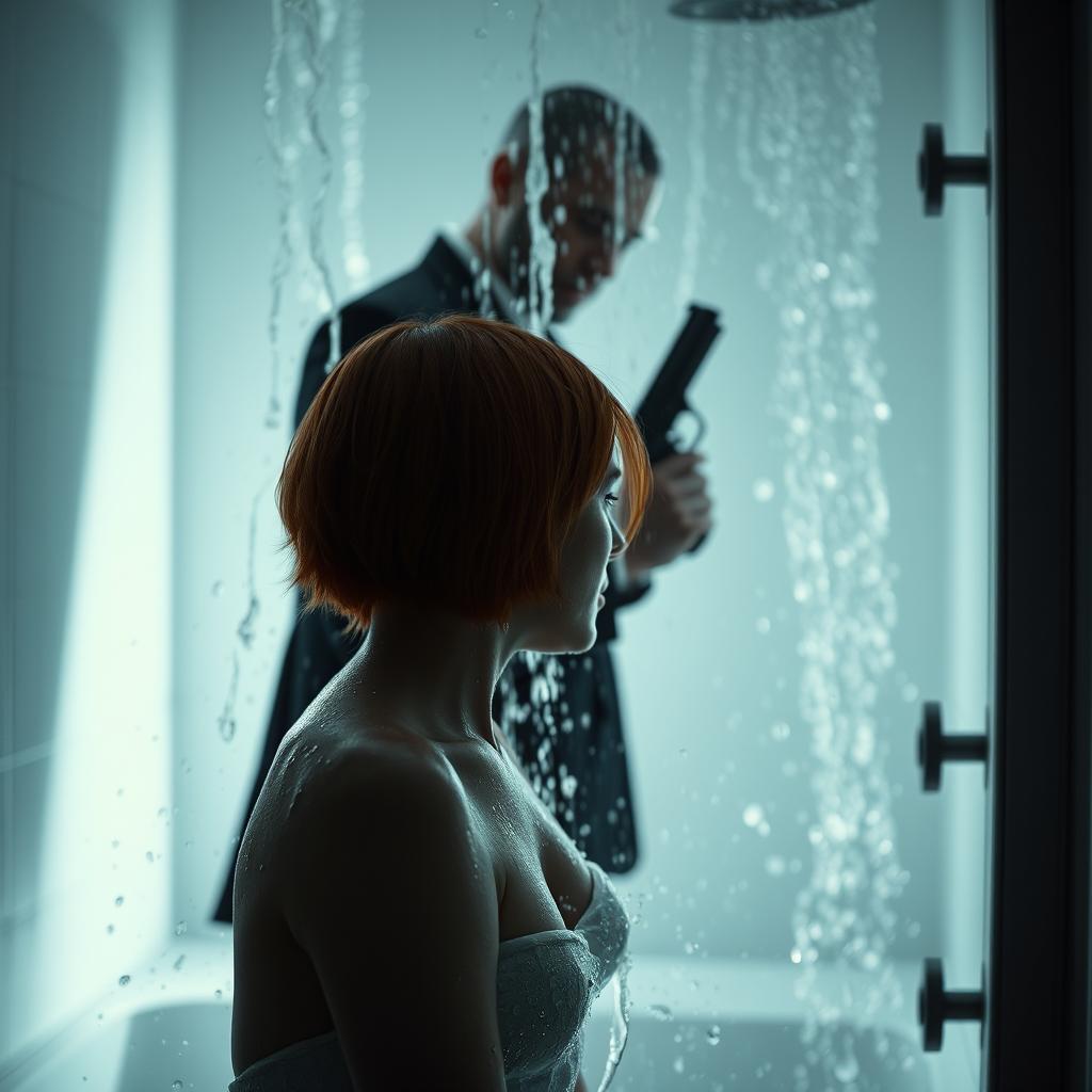 A dramatic scene in a modern bathroom where a woman with short orange hair is taking a shower, the water cascading around her in a surreal, cinematic moment