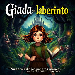 A captivating movie poster for the film titled "Giada y el laberinto" featuring an adventurous Italian girl in the year 2000, illustrated in a vibrant fantasy style