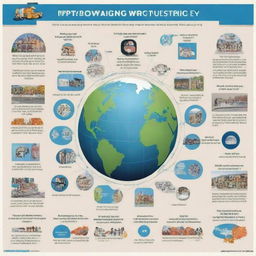 Design an informative poster showcasing how technology impacts different aspects of society, featuring visuals of the community, the workforce, government sectors, educational institutions, and individual learners. The poster should also depict a global perspective on the influence of technology.