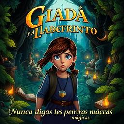 A captivating movie poster for the film titled "Giada y el laberinto" featuring an adventurous Italian girl in the year 2000, illustrated in a vibrant fantasy style