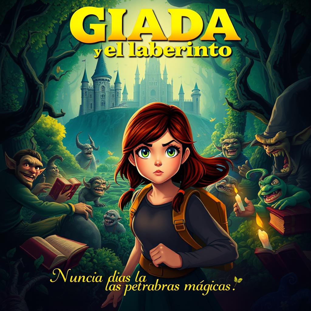 A captivating movie poster for the film titled "Giada y el laberinto" featuring an adventurous Italian girl in the year 2000, illustrated in a vibrant fantasy style