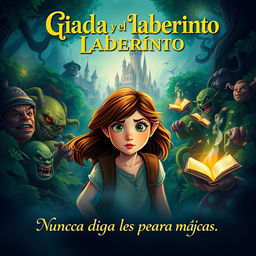 A captivating movie poster for the film titled "Giada y el laberinto" featuring an adventurous Italian girl in the year 2000, illustrated in a vibrant fantasy style