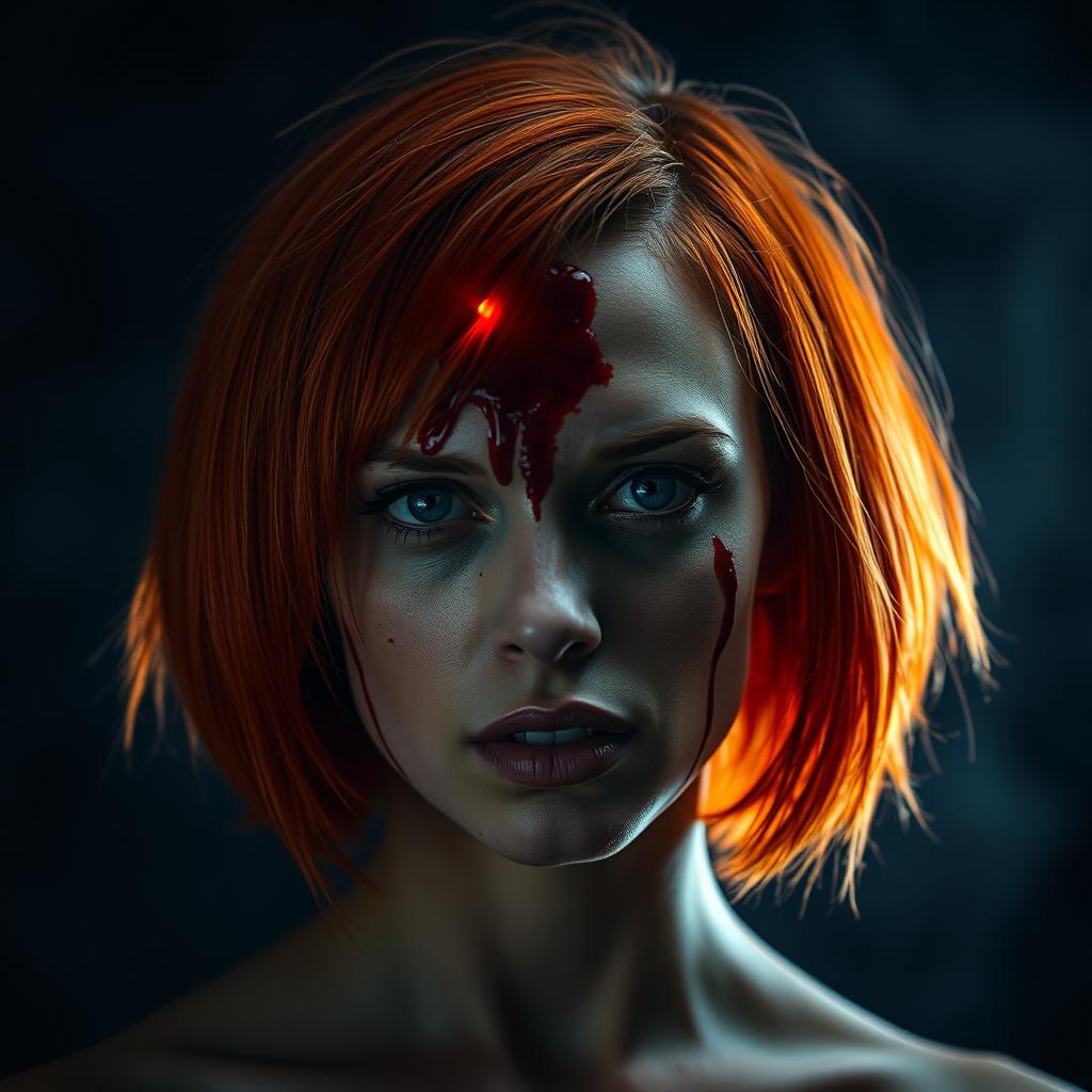 A woman with striking short orange hair, displaying a dramatic wound on her forehead that emits bright, flowing blood