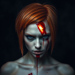 A woman with striking short orange hair, displaying a dramatic wound on her forehead that emits bright, flowing blood