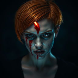 A woman with striking short orange hair, displaying a dramatic wound on her forehead that emits bright, flowing blood