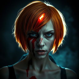 A woman with striking short orange hair, displaying a dramatic wound on her forehead that emits bright, flowing blood