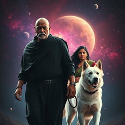 A cinematic film poster featuring a 30-year-old Indian bald man, wearing a black shrug and radiating magical powers