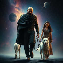 A cinematic film poster featuring a 30-year-old Indian bald man, wearing a black shrug and radiating magical powers