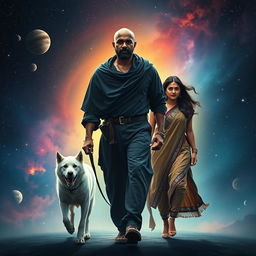 A cinematic film poster featuring a 30-year-old Indian bald man, wearing a black shrug and radiating magical powers