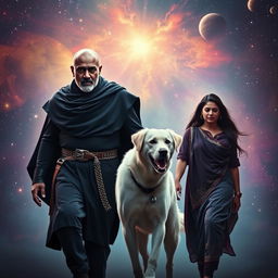 A cinematic film poster featuring a 30-year-old Indian bald man, wearing a black shrug and radiating magical powers